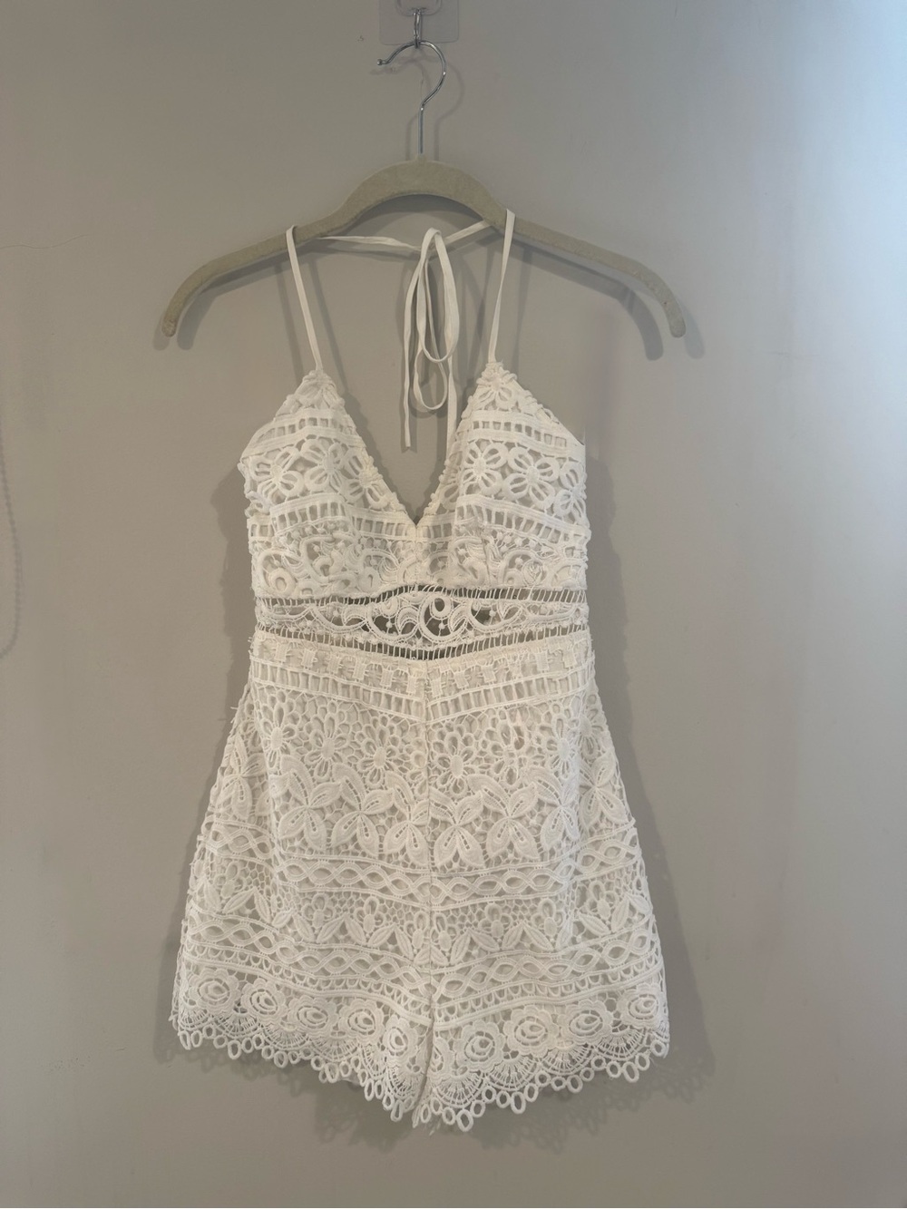 Karen Forbes White Lace Crochet Halter Romper, Beach, Vacation, Bridal, Small